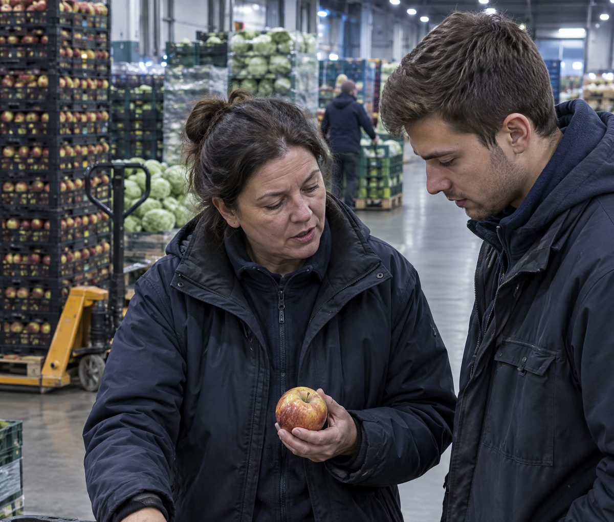 Zwei Personen pr&uuml;fen in einer Gro&szlig;markthalle einen Apfel aus einer Kiste